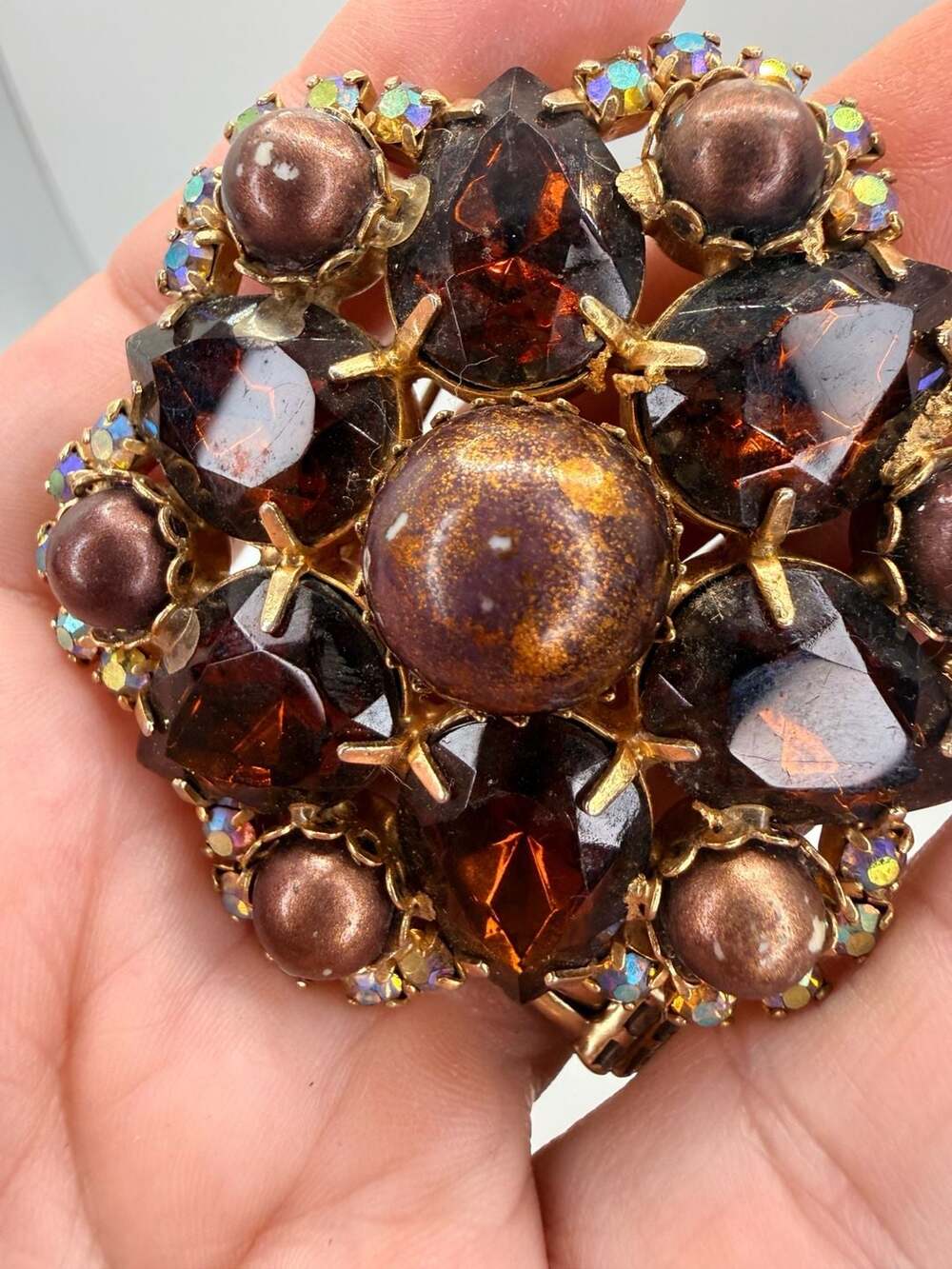 Vintage Gold Tone Amber Glass Cluster Brooch